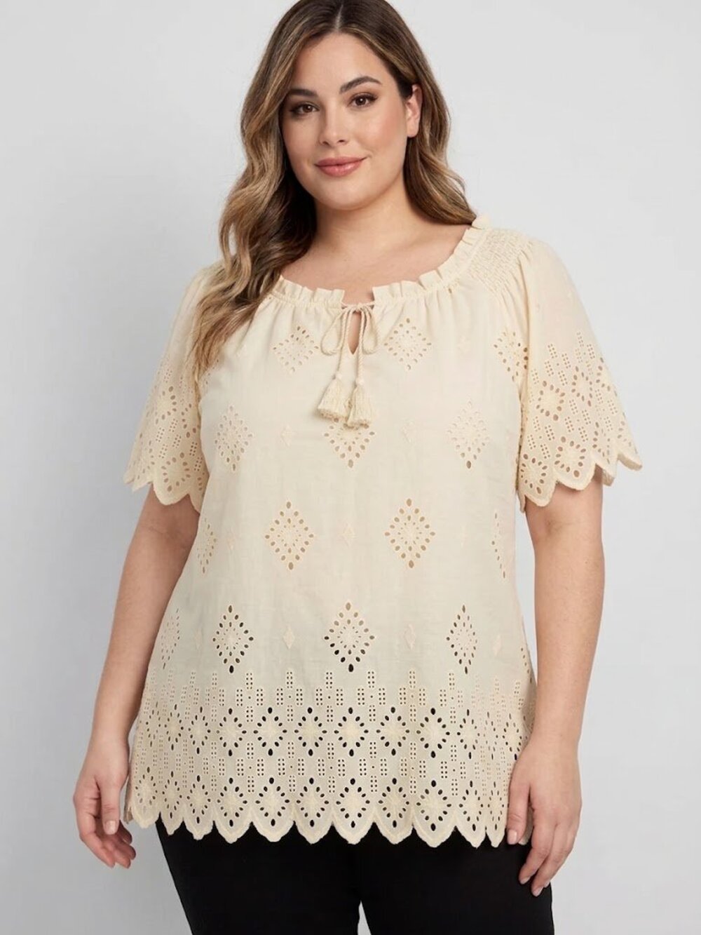 Adiva Cream Eyelet Tassel Peasant Tunic